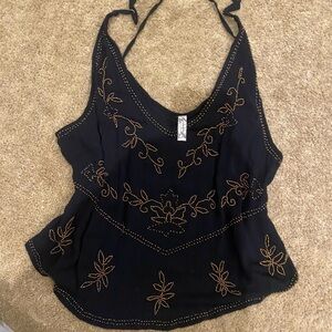 Free People Beaded Flowy Gauzy Black Halter Top
